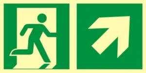 Znak ewakuacyjny - Kierunek do wyjścia ewakuacyjnego – w górę w prawo Format: DE - 20 x 40, Podłoże: p - płyta sztywna PCV - 1mm, Rodzaj: s - fotoluminescencyjny